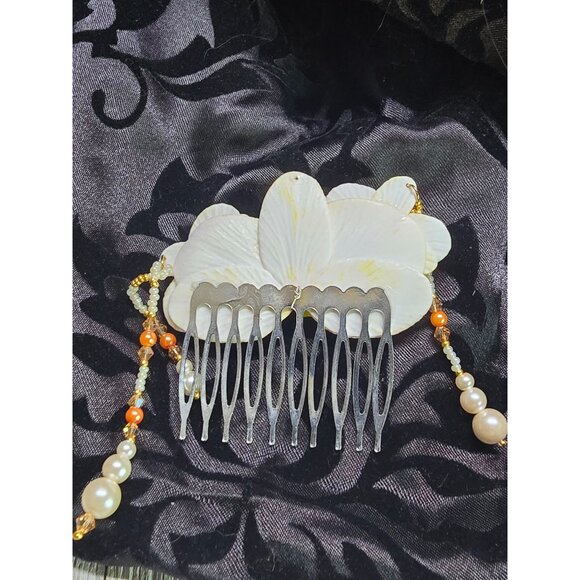 Crafted Glass Beaded Yellow White Asian Inspire Orchid Hair Comb Carnelian Style - Picture 7 of 10